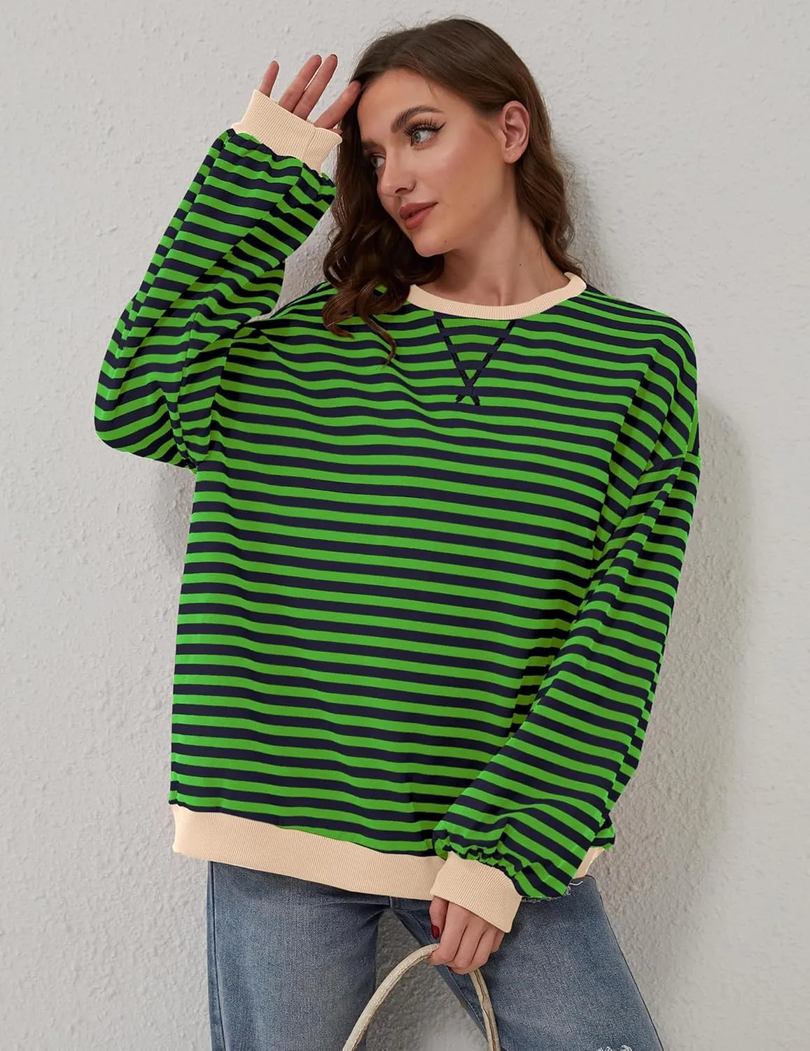 Striped Shirt Women Oversized Sweatshirt Color Block Long Sleeve Crew Neck Sweatshirt Loose Pullover Shirt Top