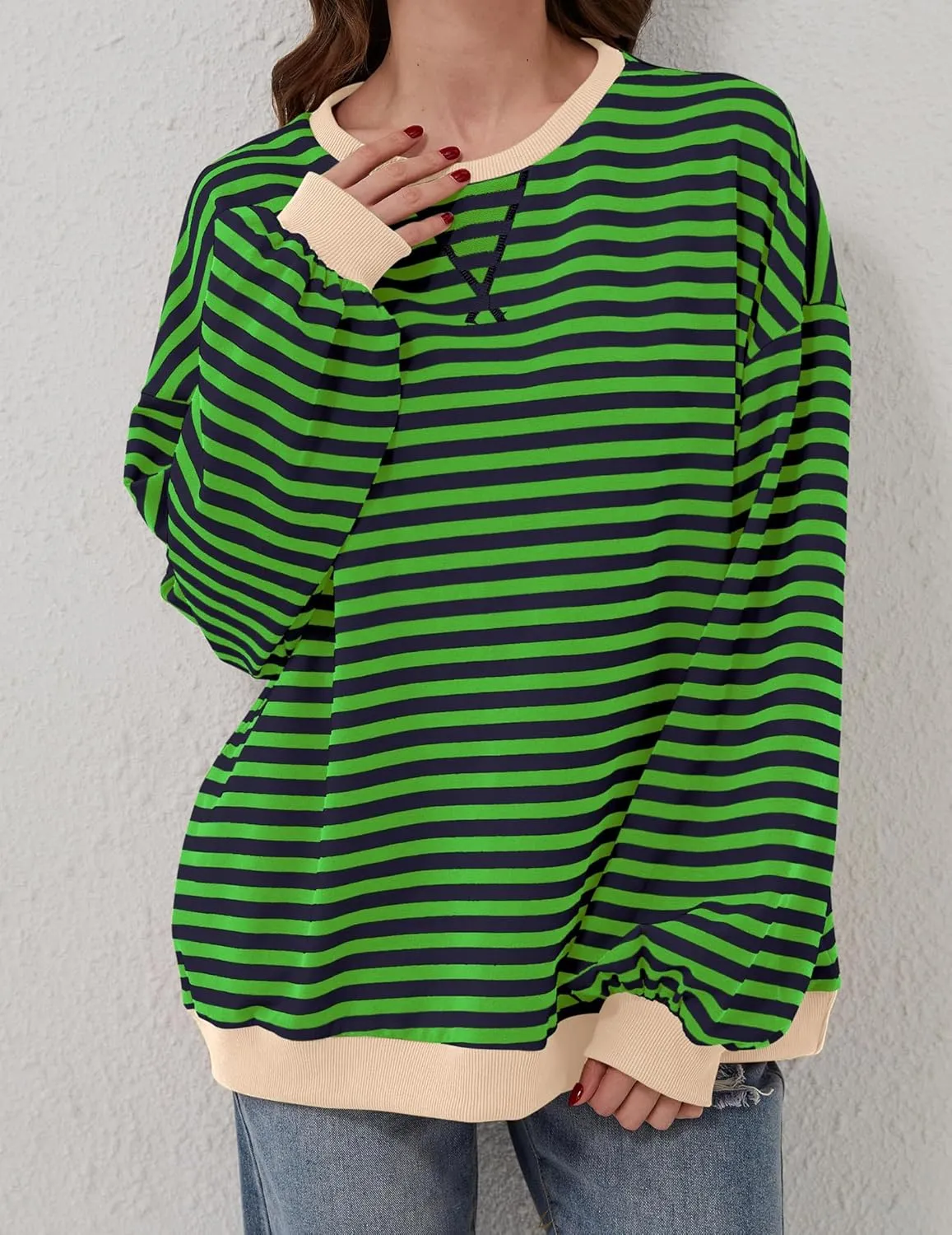 Striped Shirt Women Oversized Sweatshirt Color Block Long Sleeve Crew Neck Sweatshirt Loose Pullover Shirt Top