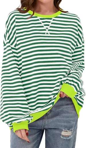 Striped Shirt Women Oversized Sweatshirt Color Block Long Sleeve Crew Neck Sweatshirt Loose Pullover Shirt Top