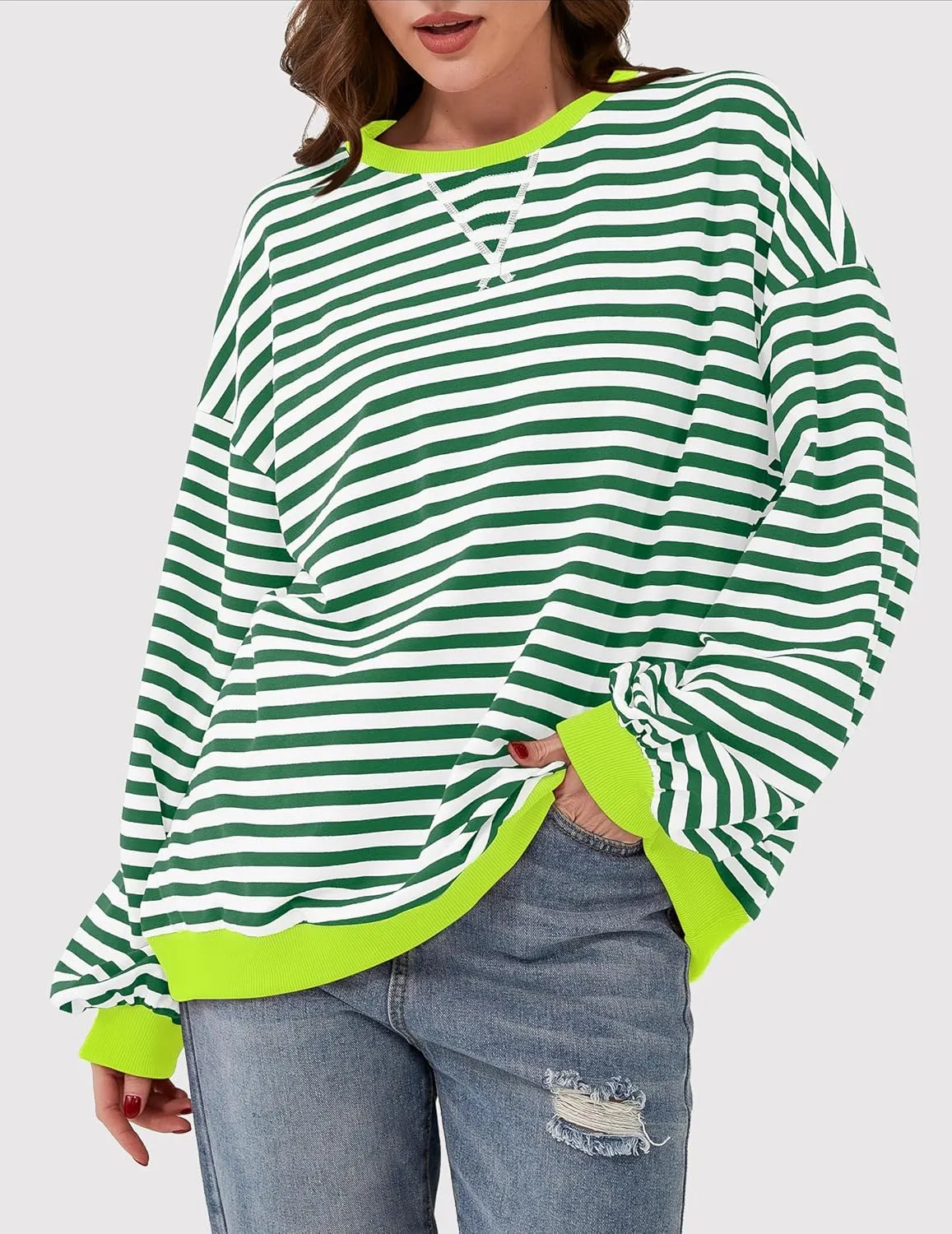 Striped Shirt Women Oversized Sweatshirt Color Block Long Sleeve Crew Neck Sweatshirt Loose Pullover Shirt Top