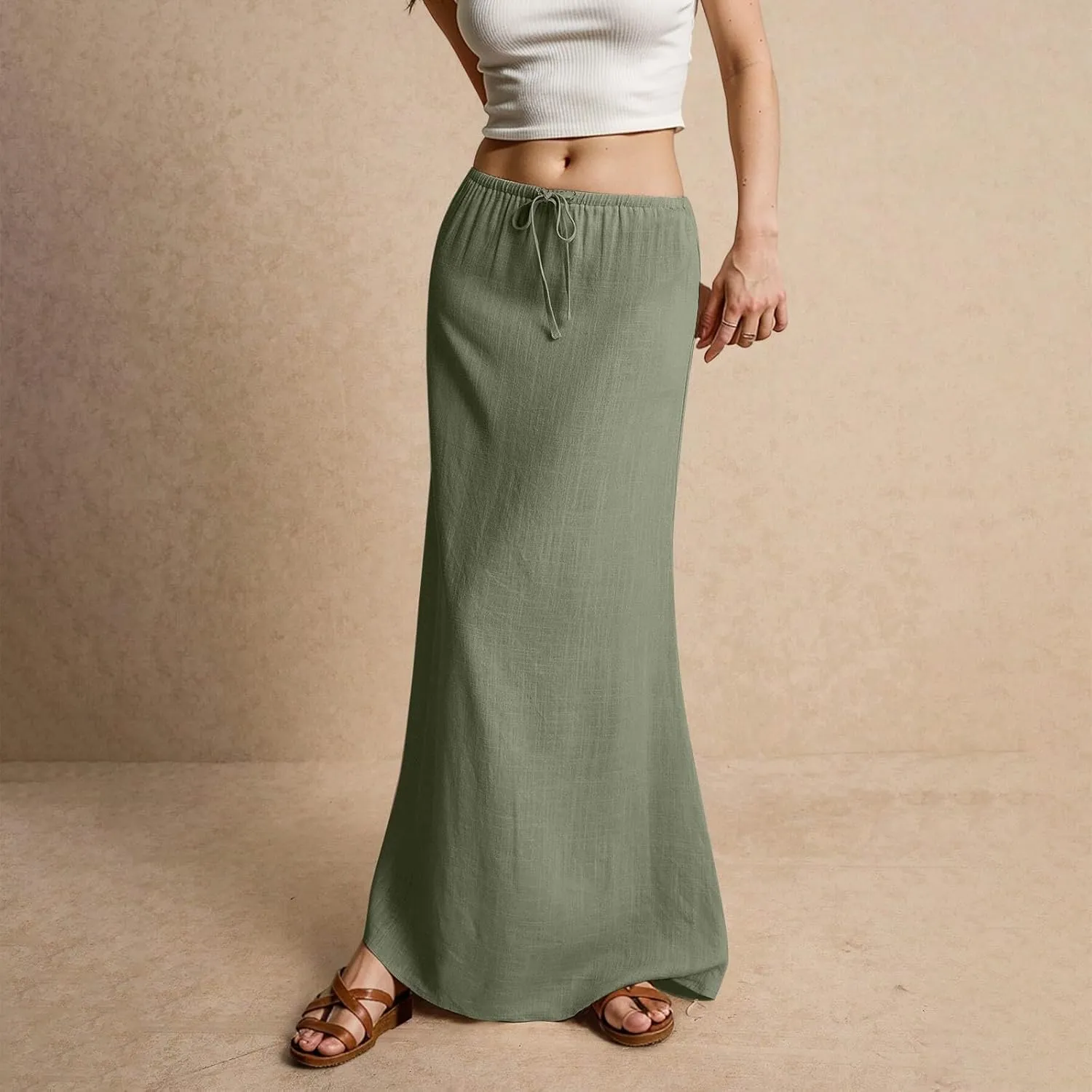 Summer Dresses for Women Drawstring Waist Boho Slim Low Rise Cotton Linen A Line Cute Beach Vacation Long Maxi Skirt