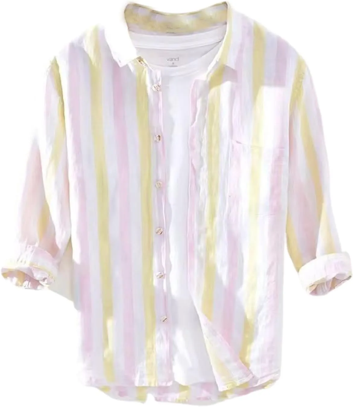Summer Square Collar Men's Three Quarter Sleeve Linen Shirt Loose Thin Breathable Stripes Cotton Linen Shirt