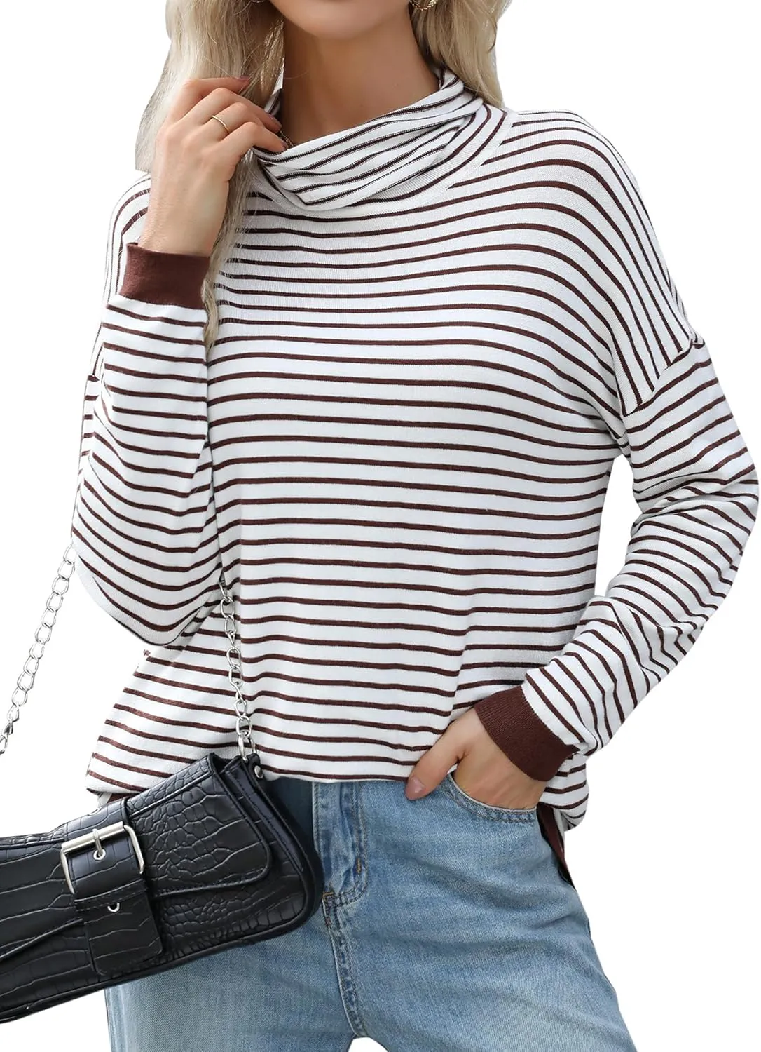 Sweaters for Women Trendy Long Sleeve Turtleneck Lightweight Sweater Pullover Oversized Casual Striped Shirt Tops