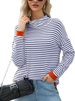 Sweaters for Women Trendy Long Sleeve Turtleneck Lightweight Sweater Pullover Oversized Casual Striped Shirt Tops