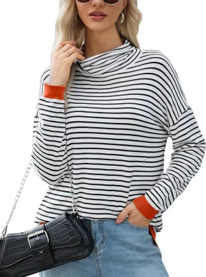 Sweaters for Women Trendy Long Sleeve Turtleneck Lightweight Sweater Pullover Oversized Casual Striped Shirt Tops