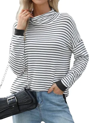 Sweaters for Women Trendy Long Sleeve Turtleneck Lightweight Sweater Pullover Oversized Casual Striped Shirt Tops