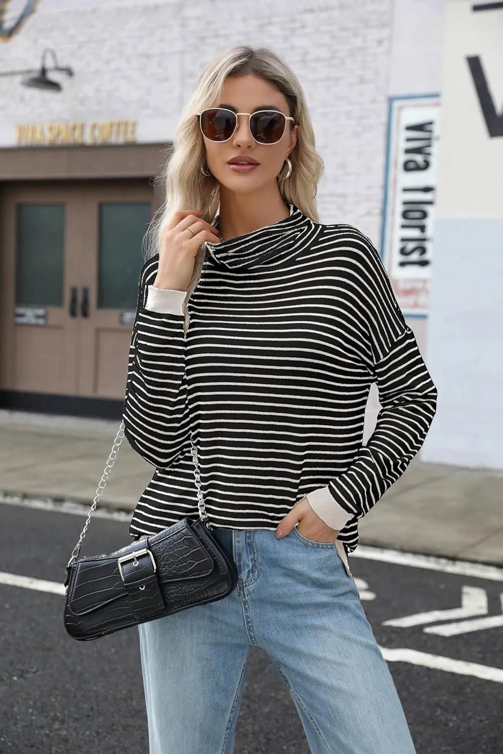 Sweaters for Women Trendy Long Sleeve Turtleneck Lightweight Sweater Pullover Oversized Casual Striped Shirt Tops