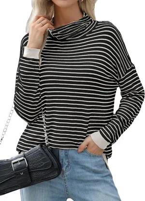 Sweaters for Women Trendy Long Sleeve Turtleneck Lightweight Sweater Pullover Oversized Casual Striped Shirt Tops
