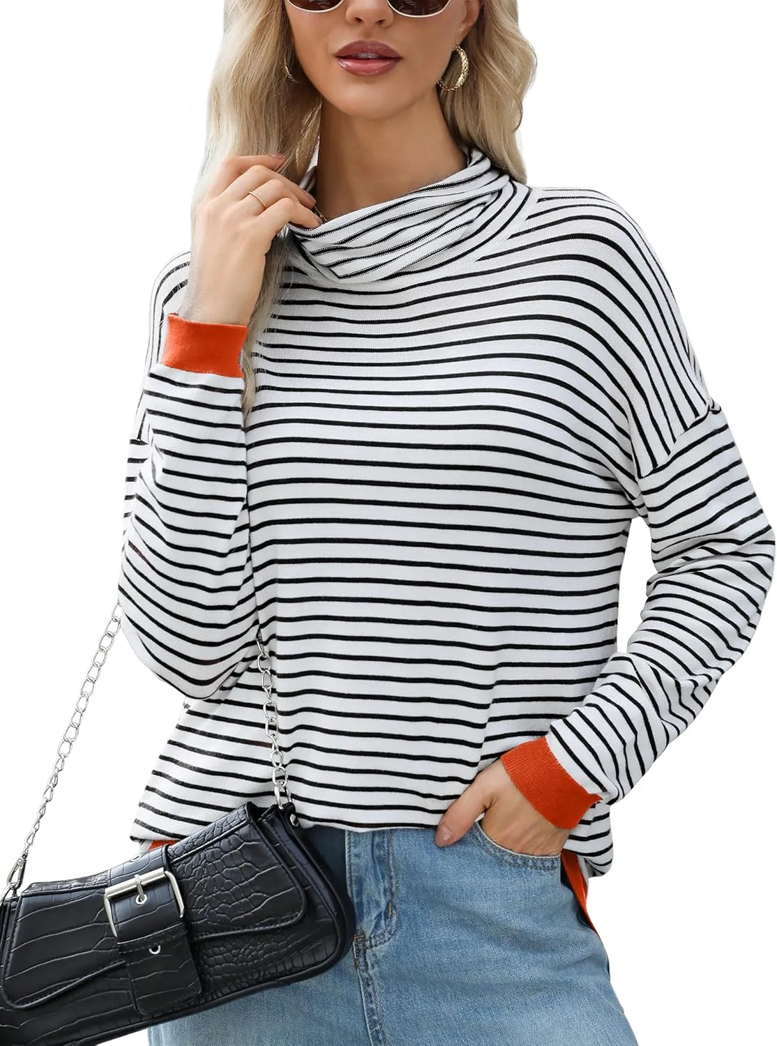 Sweaters for Women Trendy Long Sleeve Turtleneck Lightweight Sweater Pullover Oversized Casual Striped Shirt Tops