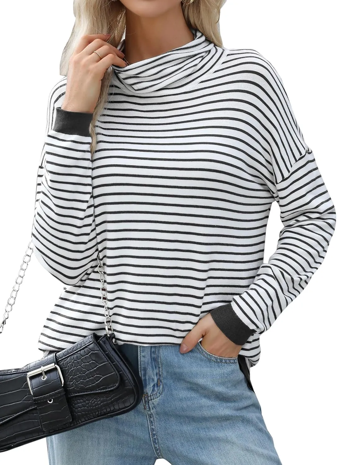 Sweaters for Women Trendy Long Sleeve Turtleneck Lightweight Sweater Pullover Oversized Casual Striped Shirt Tops