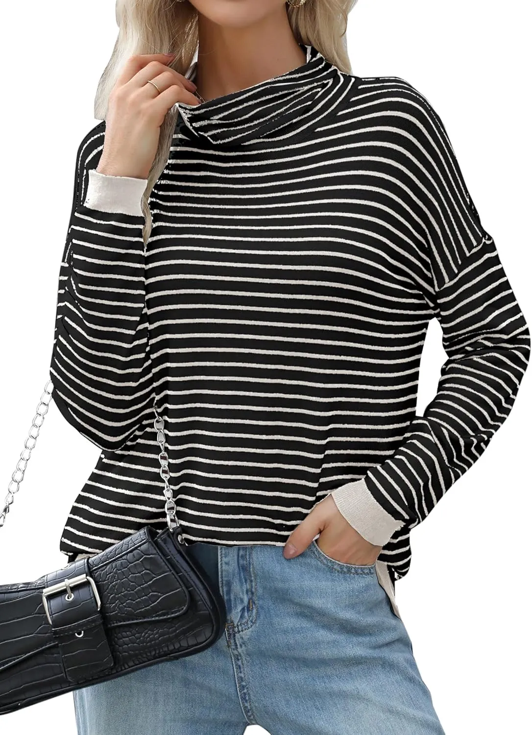 Sweaters for Women Trendy Long Sleeve Turtleneck Lightweight Sweater Pullover Oversized Casual Striped Shirt Tops