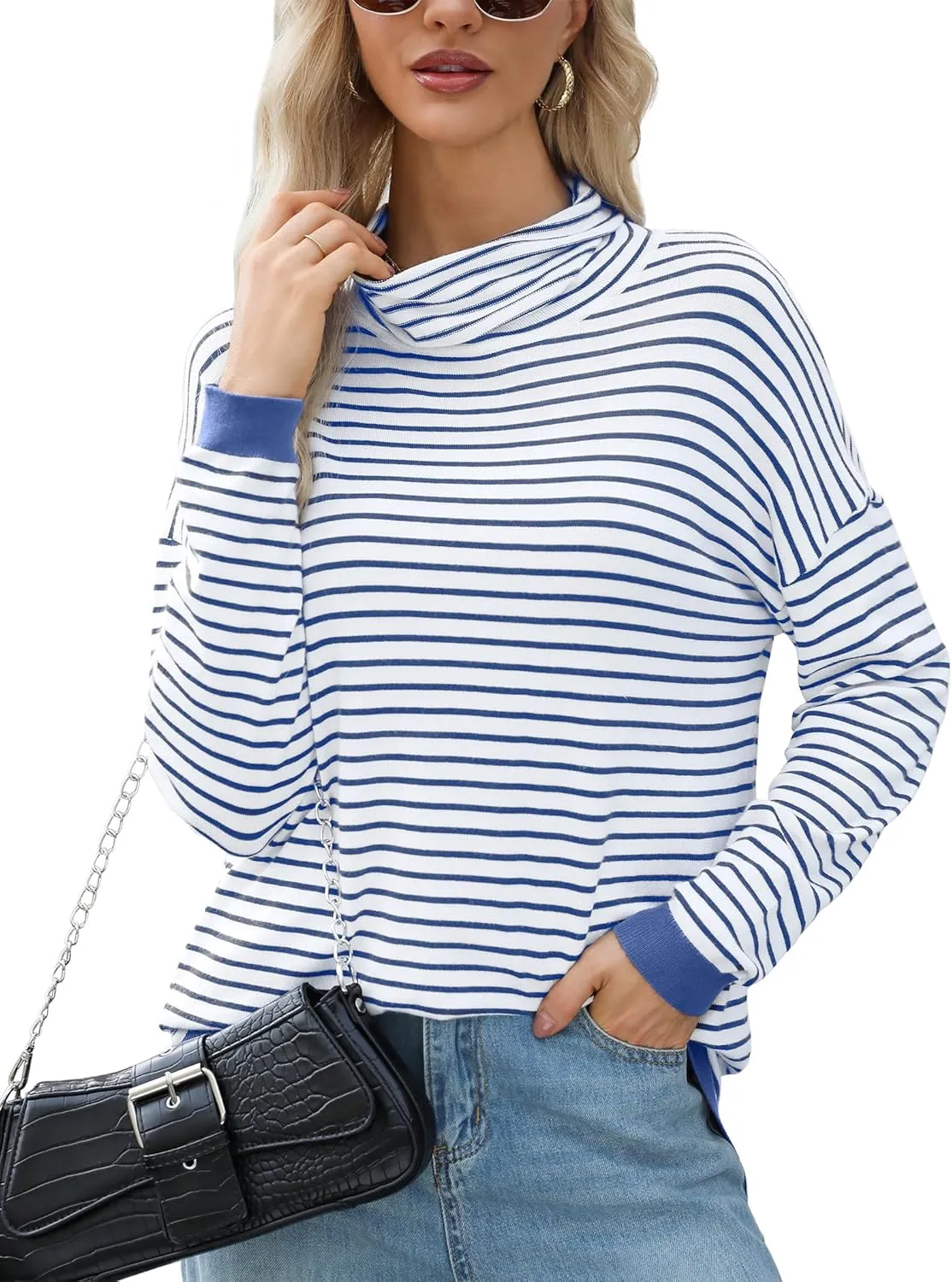 Sweaters for Women Trendy Long Sleeve Turtleneck Lightweight Sweater Pullover Oversized Casual Striped Shirt Tops