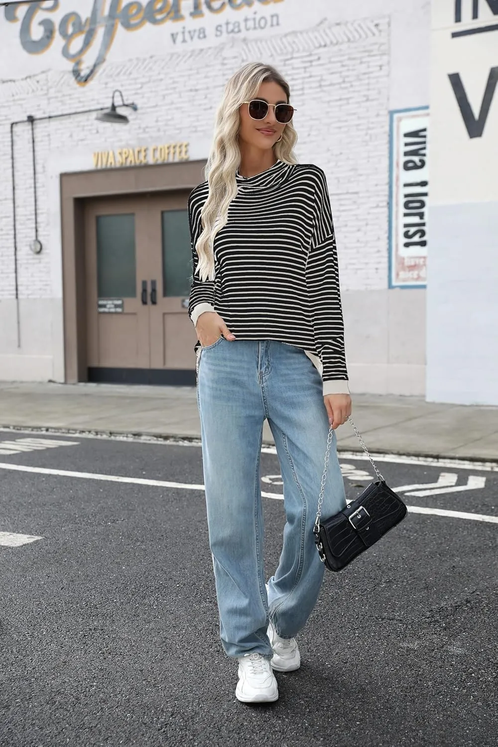 Sweaters for Women Trendy Long Sleeve Turtleneck Lightweight Sweater Pullover Oversized Casual Striped Shirt Tops