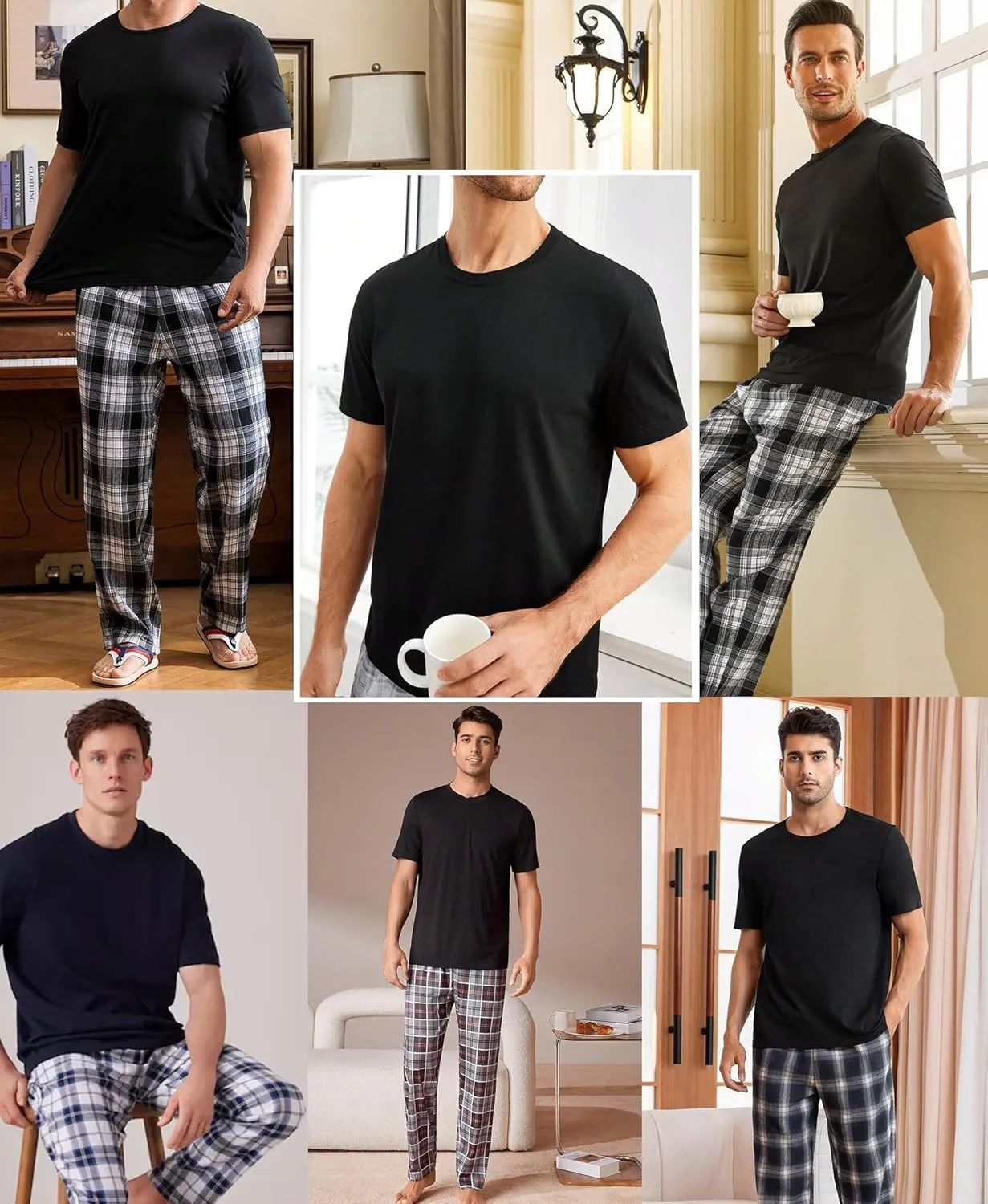 SWOMOG Mens Pajama Set Soft Short Sleeve Sleepwear with Long Plaid Lounge Pants 2 Pieces Pj Set with Pockets Nightwear