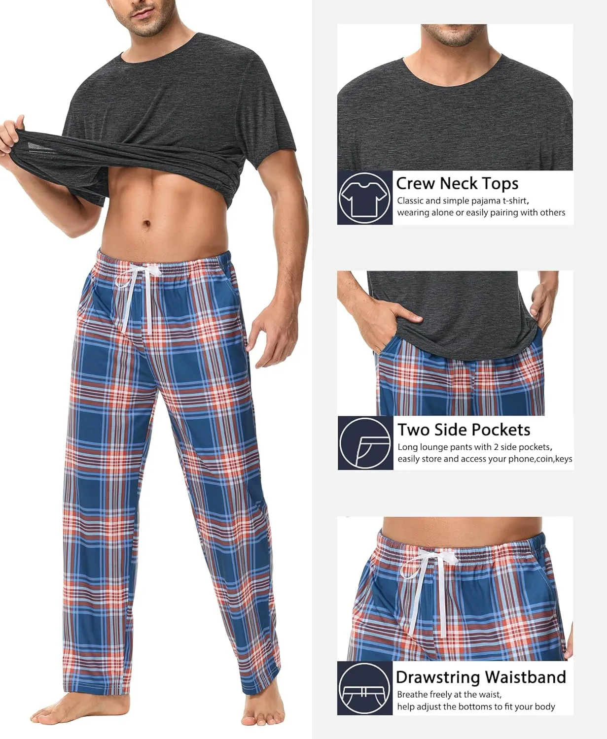 SWOMOG Mens Pajama Set Soft Short Sleeve Sleepwear with Long Plaid Lounge Pants 2 Pieces Pj Set with Pockets Nightwear