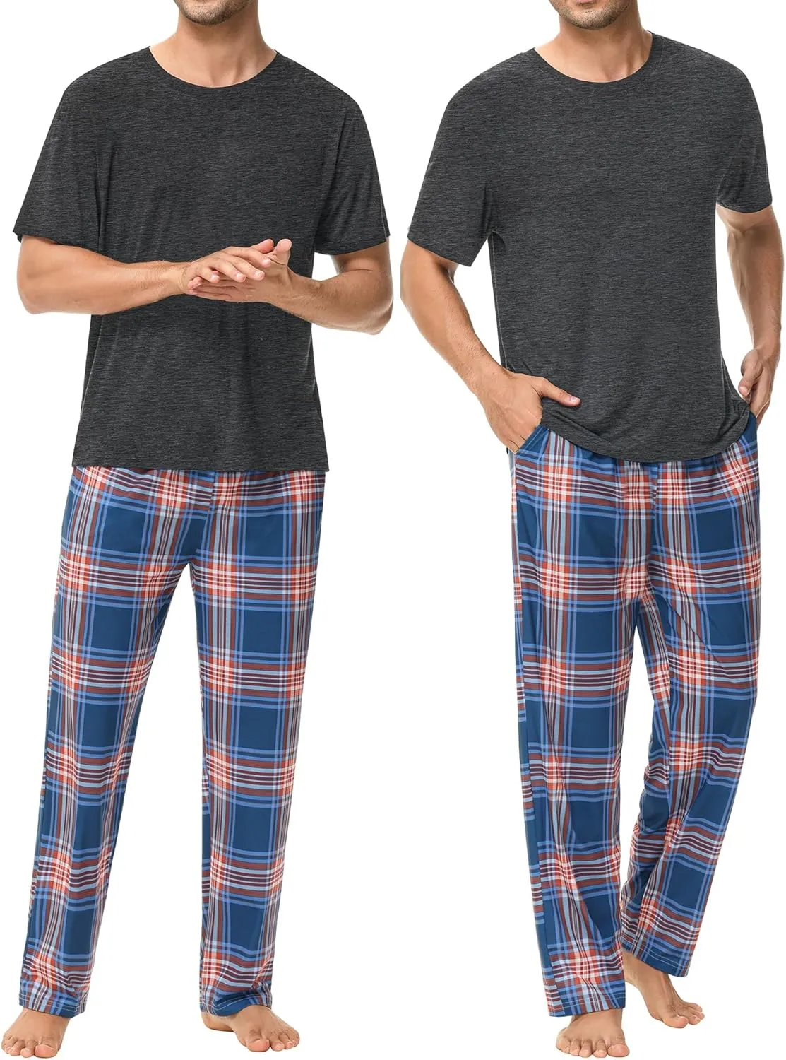 SWOMOG Mens Pajama Set Soft Short Sleeve Sleepwear with Long Plaid Lounge Pants 2 Pieces Pj Set with Pockets Nightwear