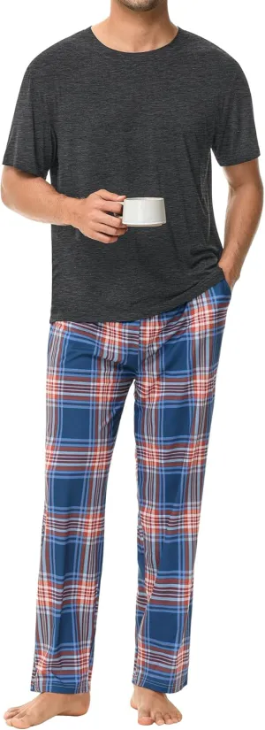SWOMOG Mens Pajama Set Soft Short Sleeve Sleepwear with Long Plaid Lounge Pants 2 Pieces Pj Set with Pockets Nightwear