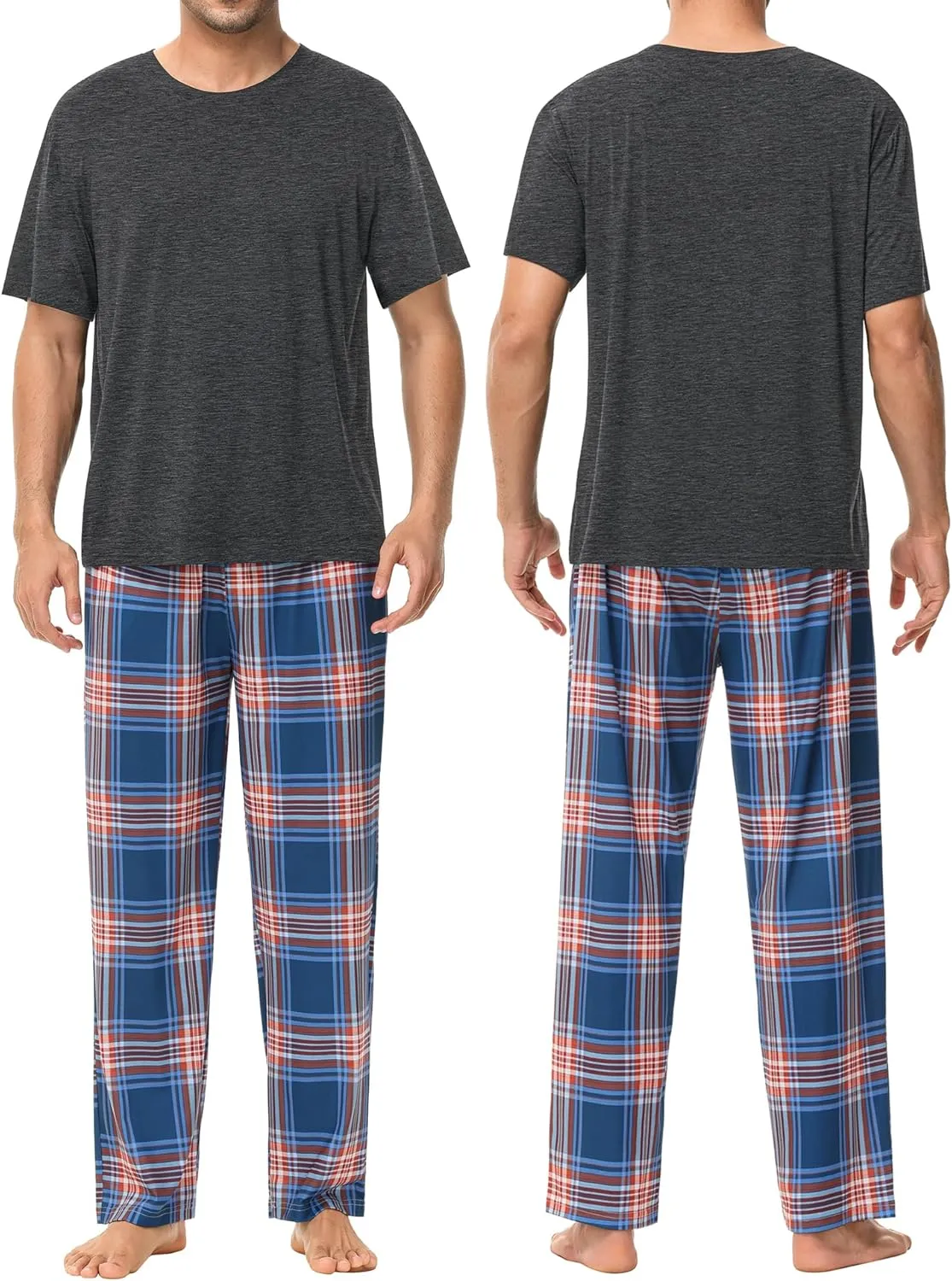 SWOMOG Mens Pajama Set Soft Short Sleeve Sleepwear with Long Plaid Lounge Pants 2 Pieces Pj Set with Pockets Nightwear