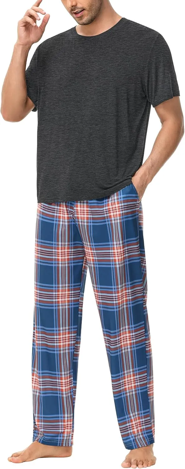 SWOMOG Mens Pajama Set Soft Short Sleeve Sleepwear with Long Plaid Lounge Pants 2 Pieces Pj Set with Pockets Nightwear