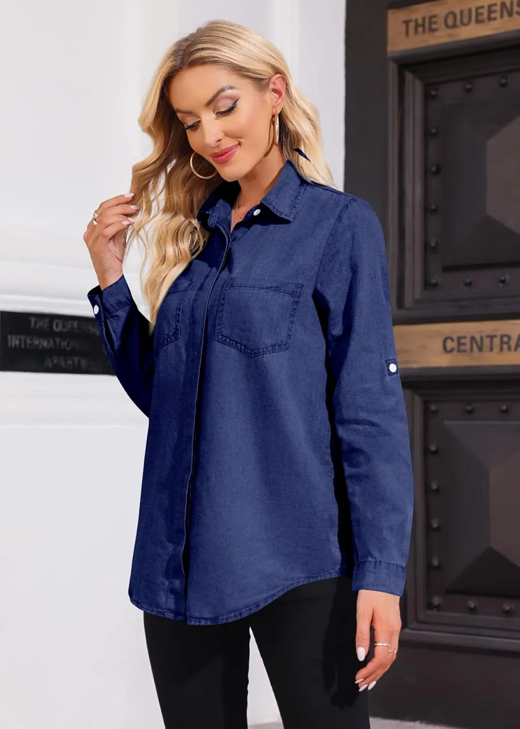 SySea Women's Button Down Denim Shirt Casual Collared Long Sleeve Pocket Blouses