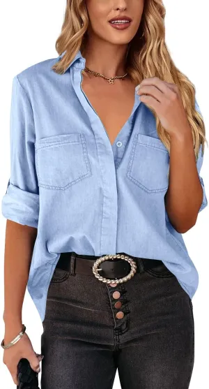 SySea Women's Button Down Denim Shirt Casual Collared Long Sleeve Pocket Blouses
