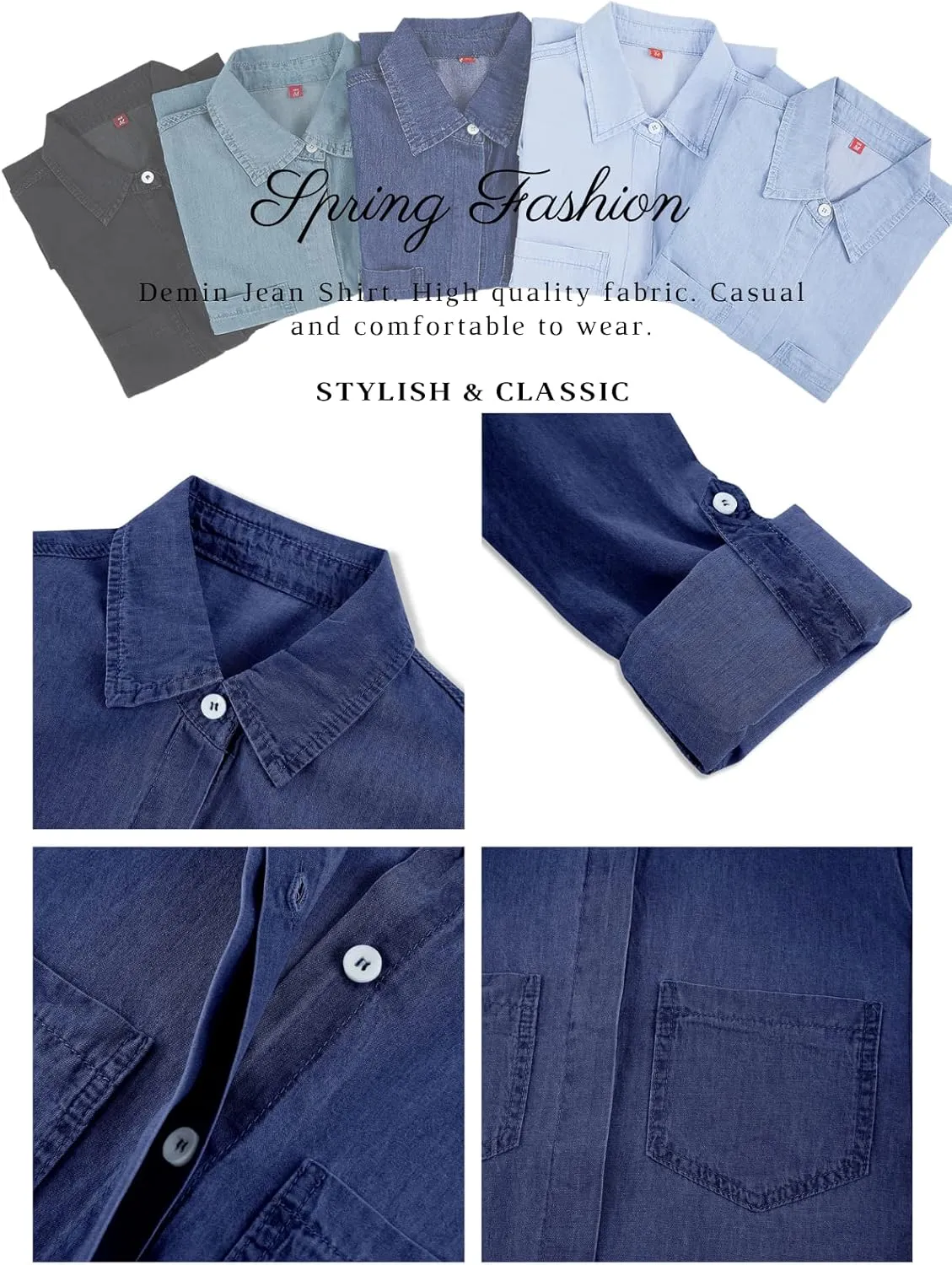 SySea Women's Button Down Denim Shirt Casual Collared Long Sleeve Pocket Blouses