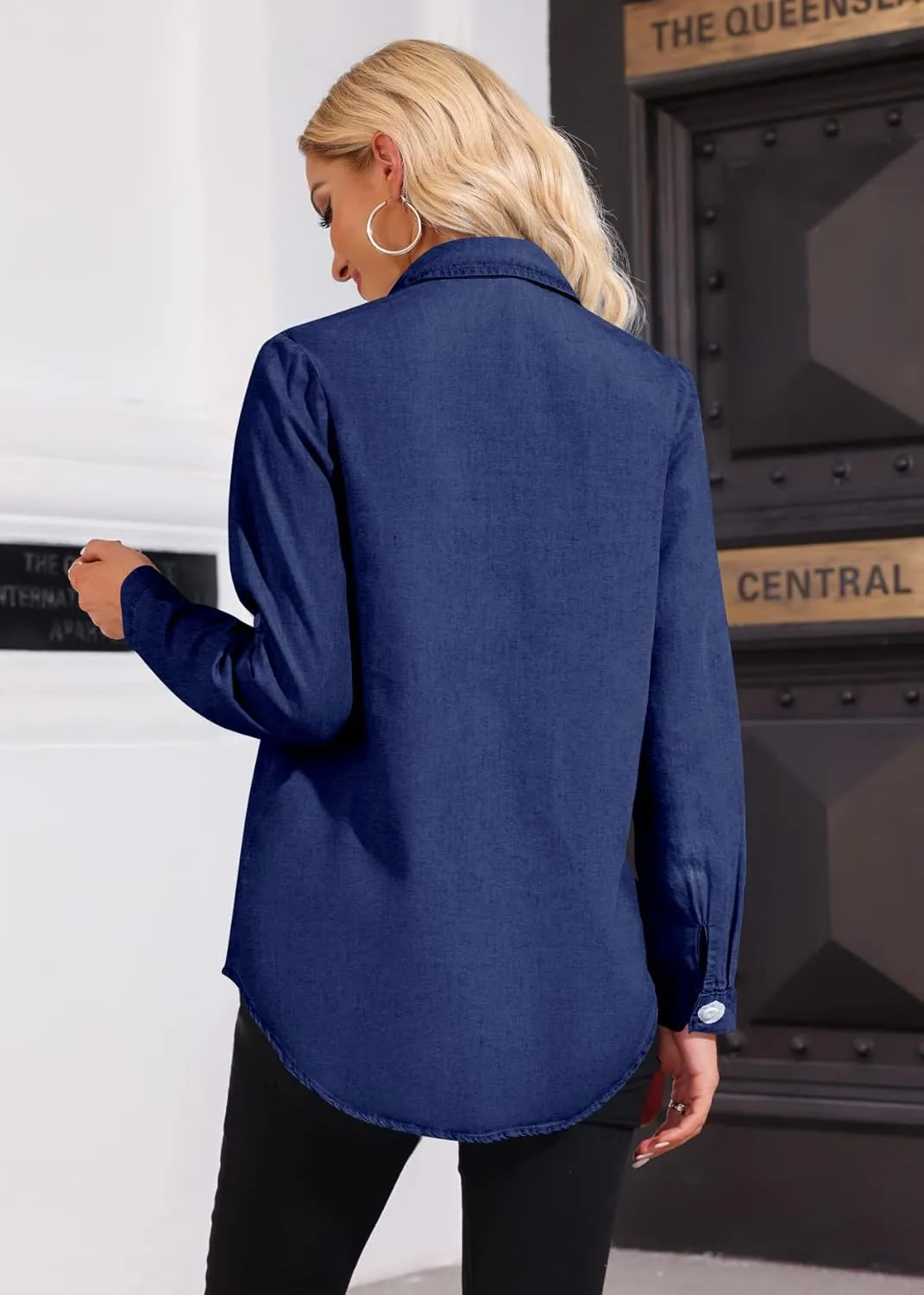 SySea Women's Button Down Denim Shirt Casual Collared Long Sleeve Pocket Blouses