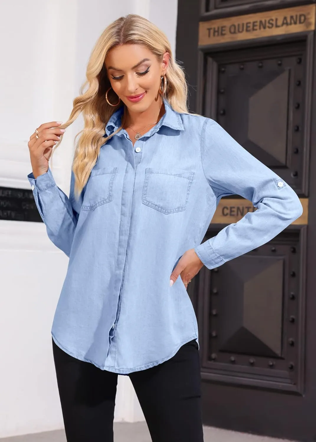SySea Women's Button Down Denim Shirt Casual Collared Long Sleeve Pocket Blouses
