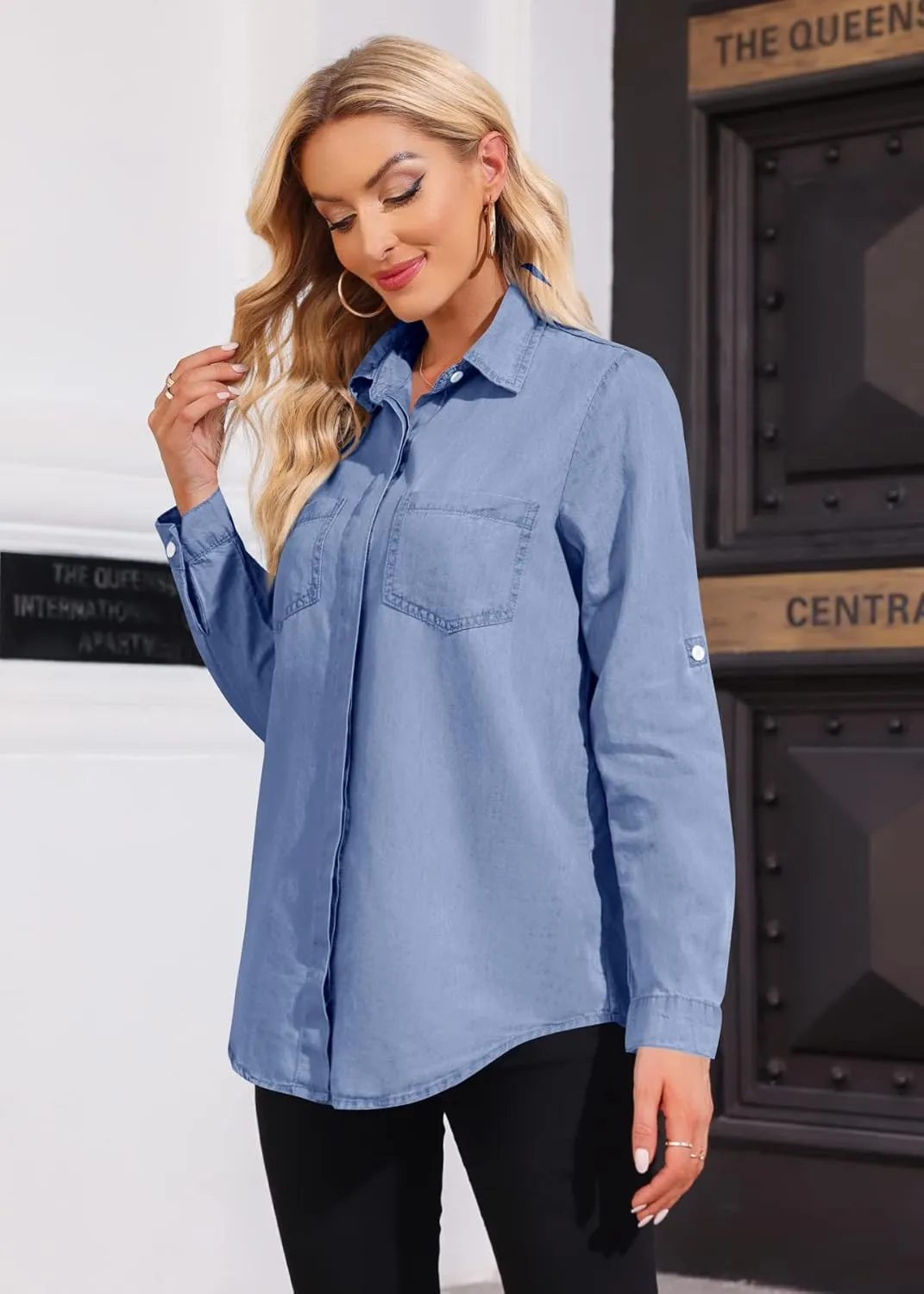 SySea Women's Button Down Denim Shirt Casual Collared Long Sleeve Pocket Blouses