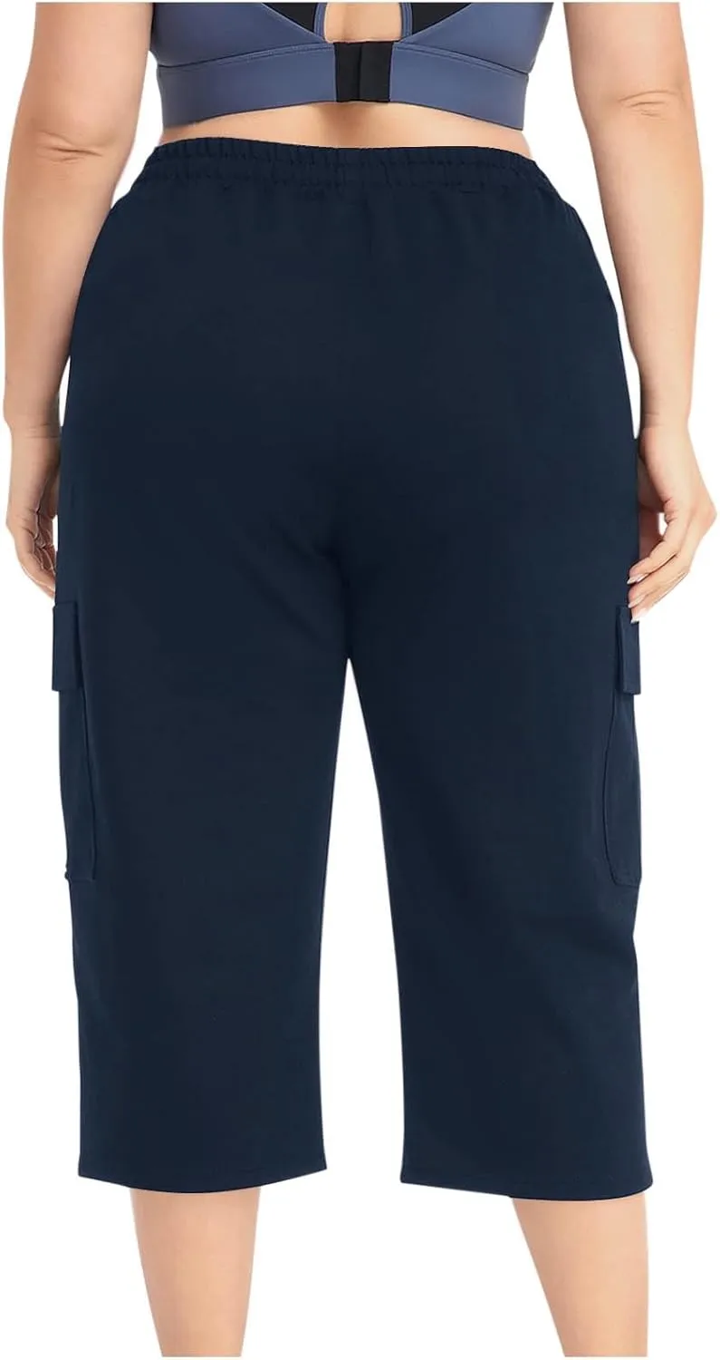 TANGNADE Plus Size Capri Pants for Women Casual Summer Wide Leg Short Jogger Sweatpants Drawstring Cropped Trouser Leggings