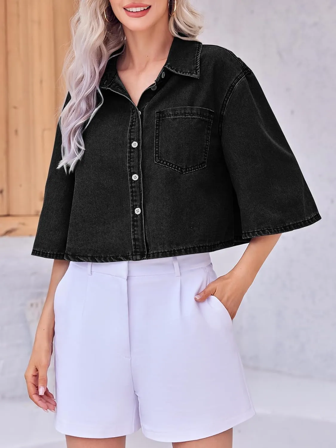 Tankaneo Womens Crop Denim Shirt Half Sleeve Button Down Short Jean Jacket with Pocket
