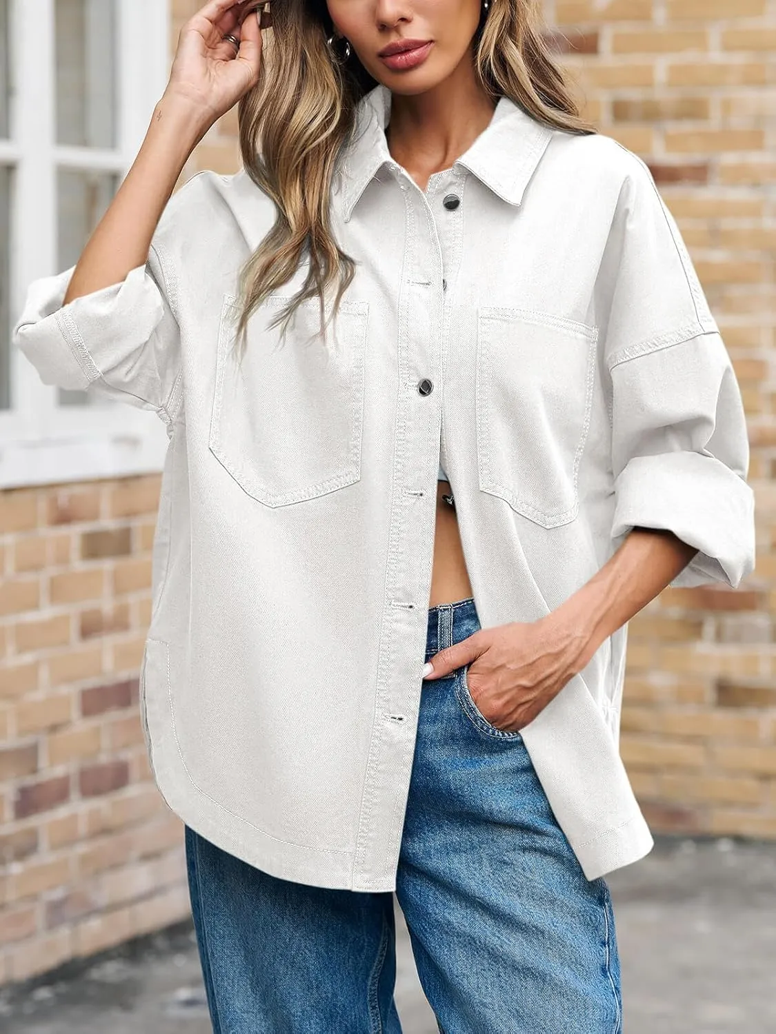 Tankaneo Womens Oversized Denim Shirt Jacket Button Down Long Sleeve Fall Casual Jean Shackets