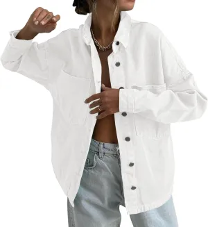 Tankaneo Womens Oversized Denim Shirt Jacket Button Down Long Sleeve Fall Casual Jean Shackets
