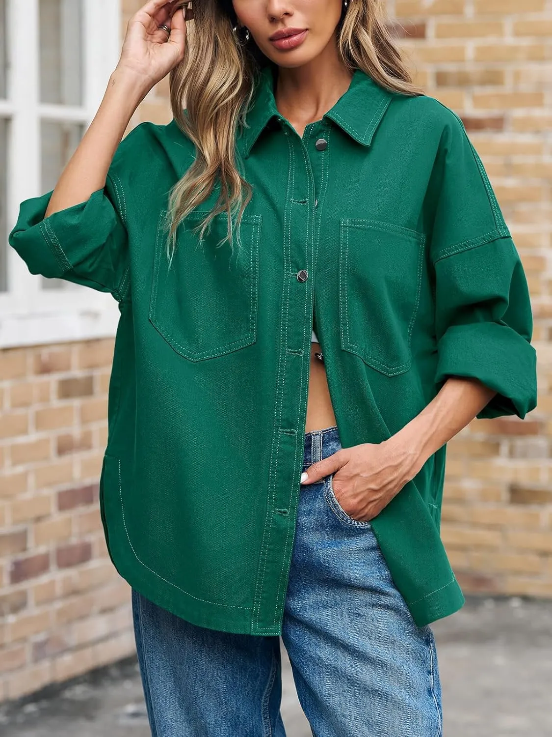 Tankaneo Womens Oversized Denim Shirt Jacket Button Down Long Sleeve Fall Casual Jean Shackets