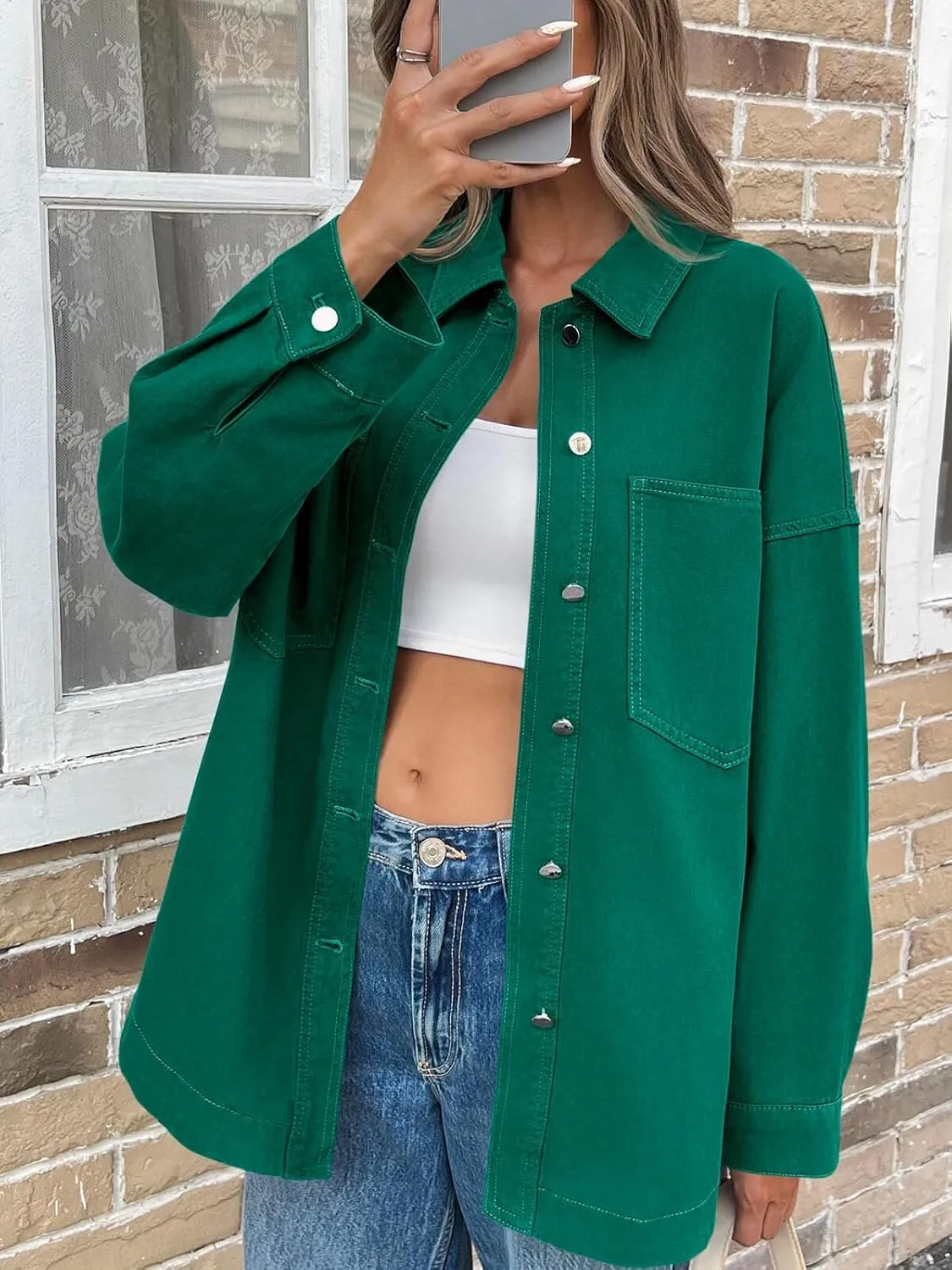 Tankaneo Womens Oversized Denim Shirt Jacket Button Down Long Sleeve Fall Casual Jean Shackets