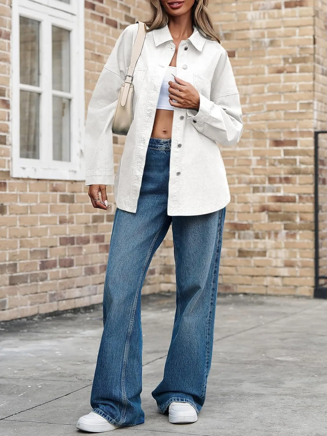 Tankaneo Womens Oversized Denim Shirt Jacket Button Down Long Sleeve Fall Casual Jean Shackets