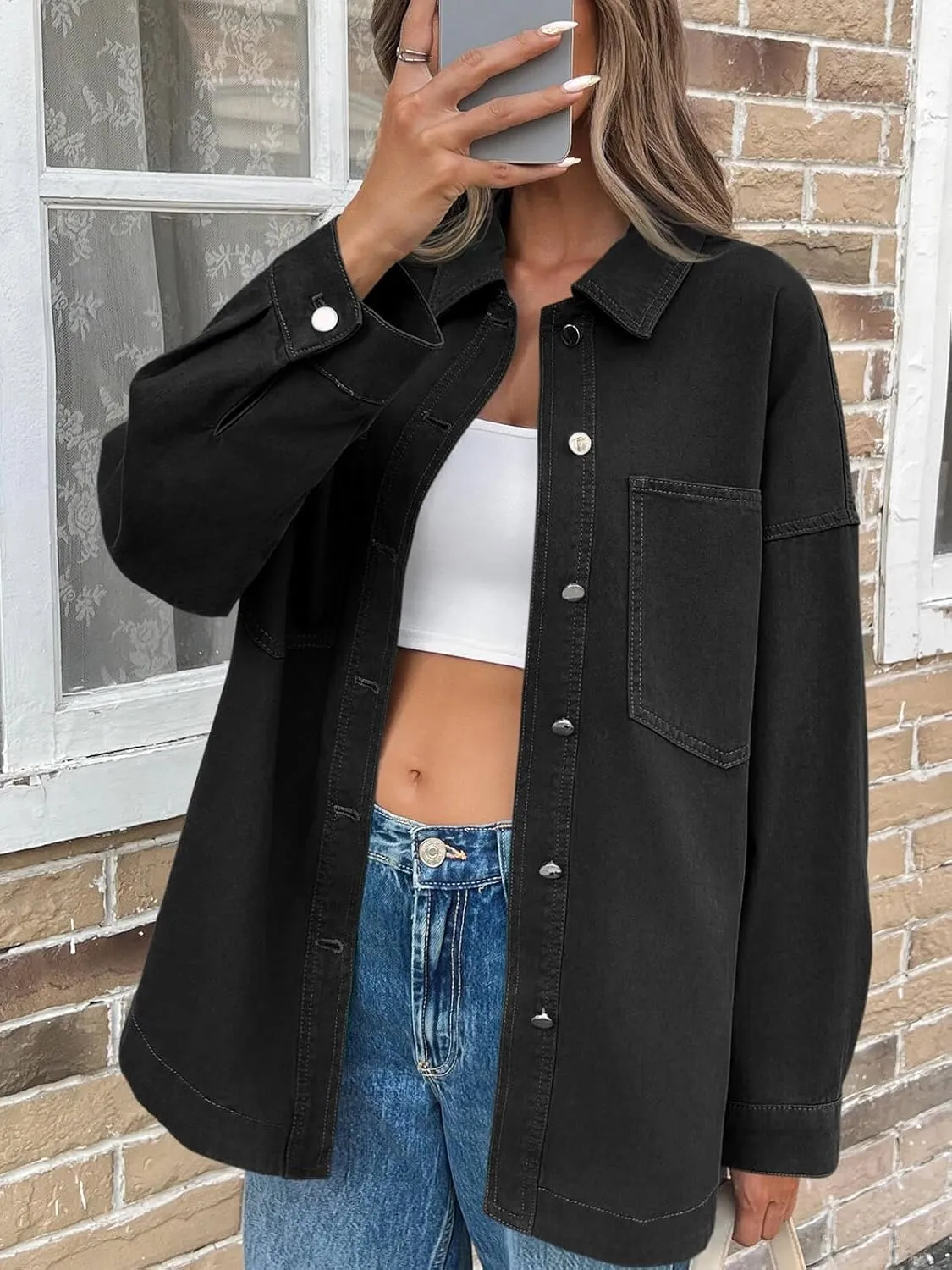 Tankaneo Womens Oversized Denim Shirt Jacket Button Down Long Sleeve Fall Casual Jean Shackets