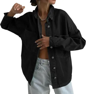 Tankaneo Womens Oversized Denim Shirt Jacket Button Down Long Sleeve Fall Casual Jean Shackets