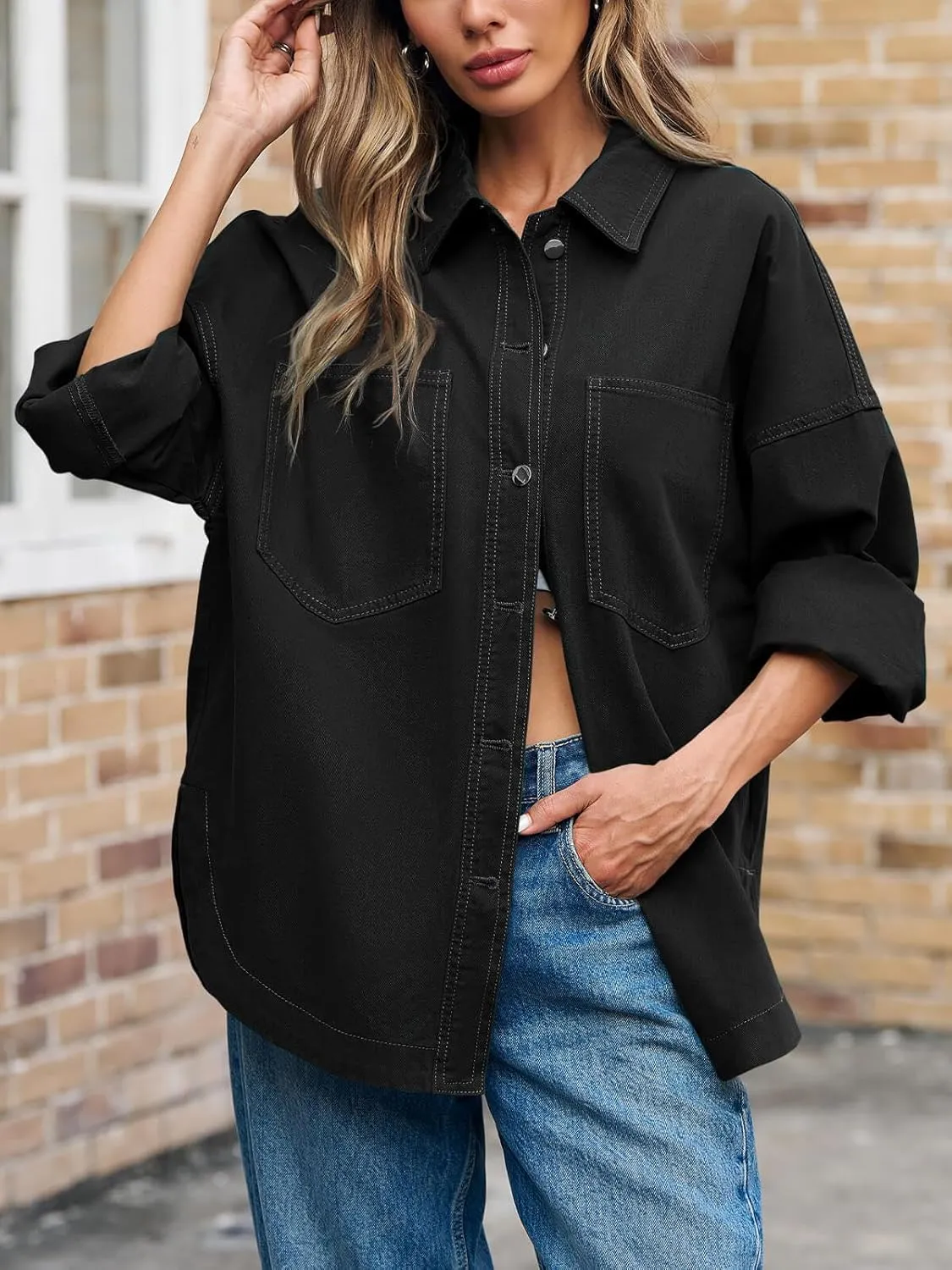 Tankaneo Womens Oversized Denim Shirt Jacket Button Down Long Sleeve Fall Casual Jean Shackets