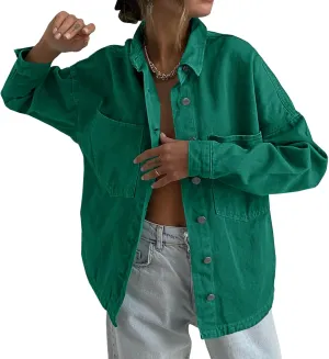 Tankaneo Womens Oversized Denim Shirt Jacket Button Down Long Sleeve Fall Casual Jean Shackets