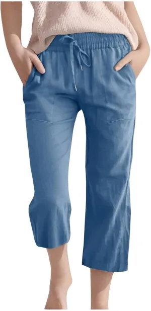 Teen Girls Cotton Linen Capri Pants Kids Summer Cropped Preppy Lounge Pant Cozy Lightweight Drawstring Baggy Trousers