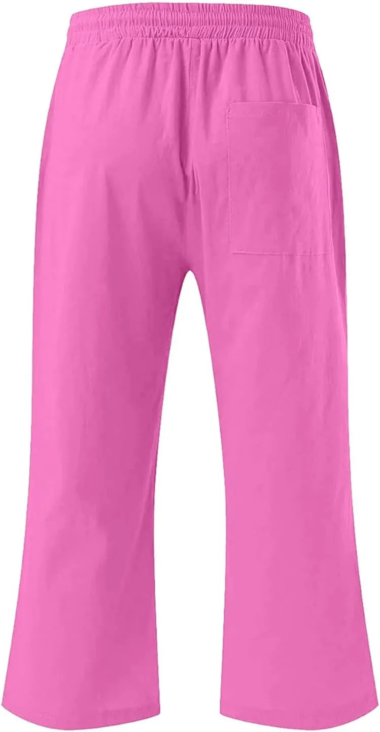 Teen Girls Cotton Linen Capri Pants Kids Summer Cropped Preppy Lounge Pant Cozy Lightweight Drawstring Baggy Trousers
