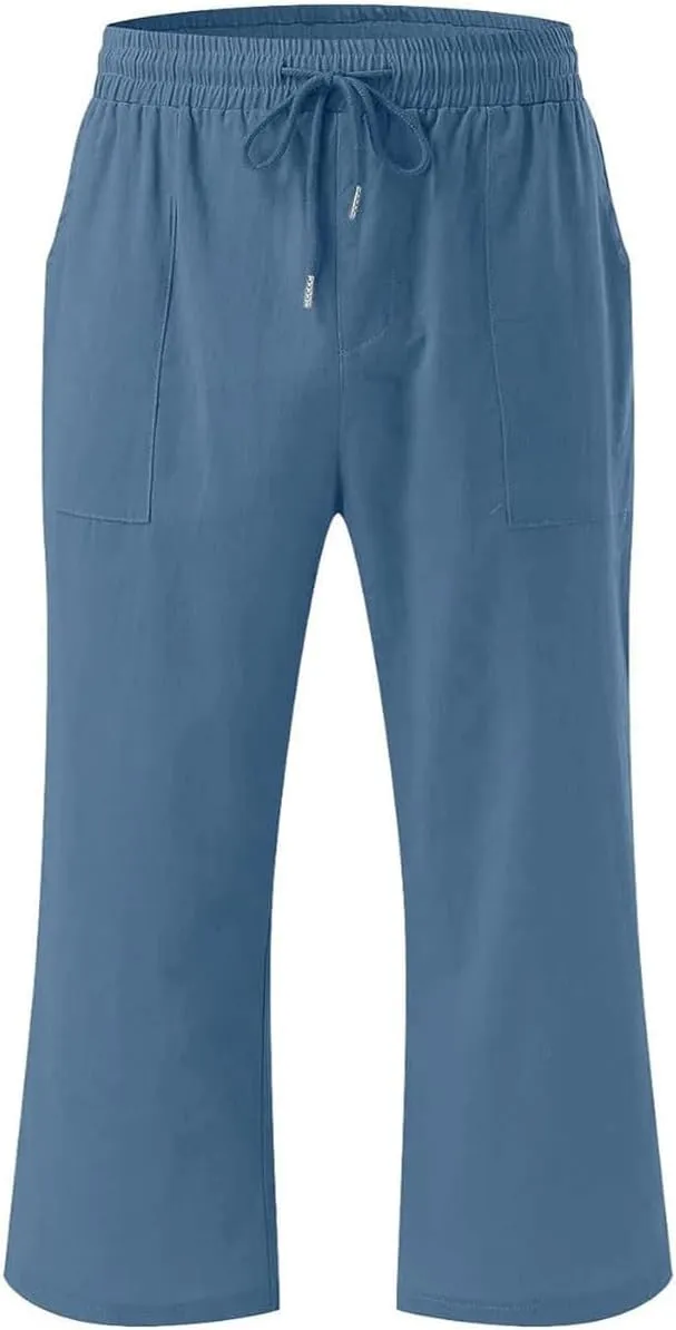 Teen Girls Cotton Linen Capri Pants Kids Summer Cropped Preppy Lounge Pant Cozy Lightweight Drawstring Baggy Trousers