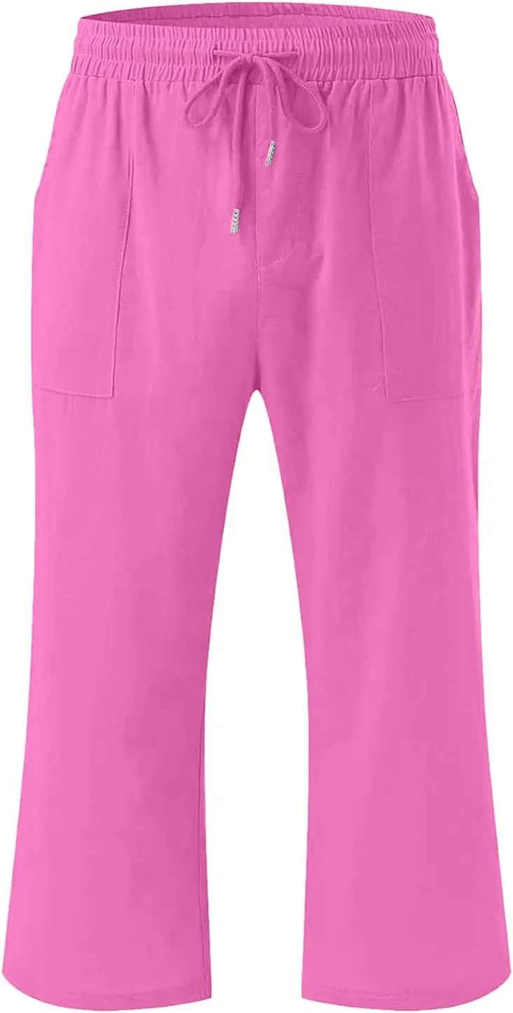 Teen Girls Cotton Linen Capri Pants Kids Summer Cropped Preppy Lounge Pant Cozy Lightweight Drawstring Baggy Trousers