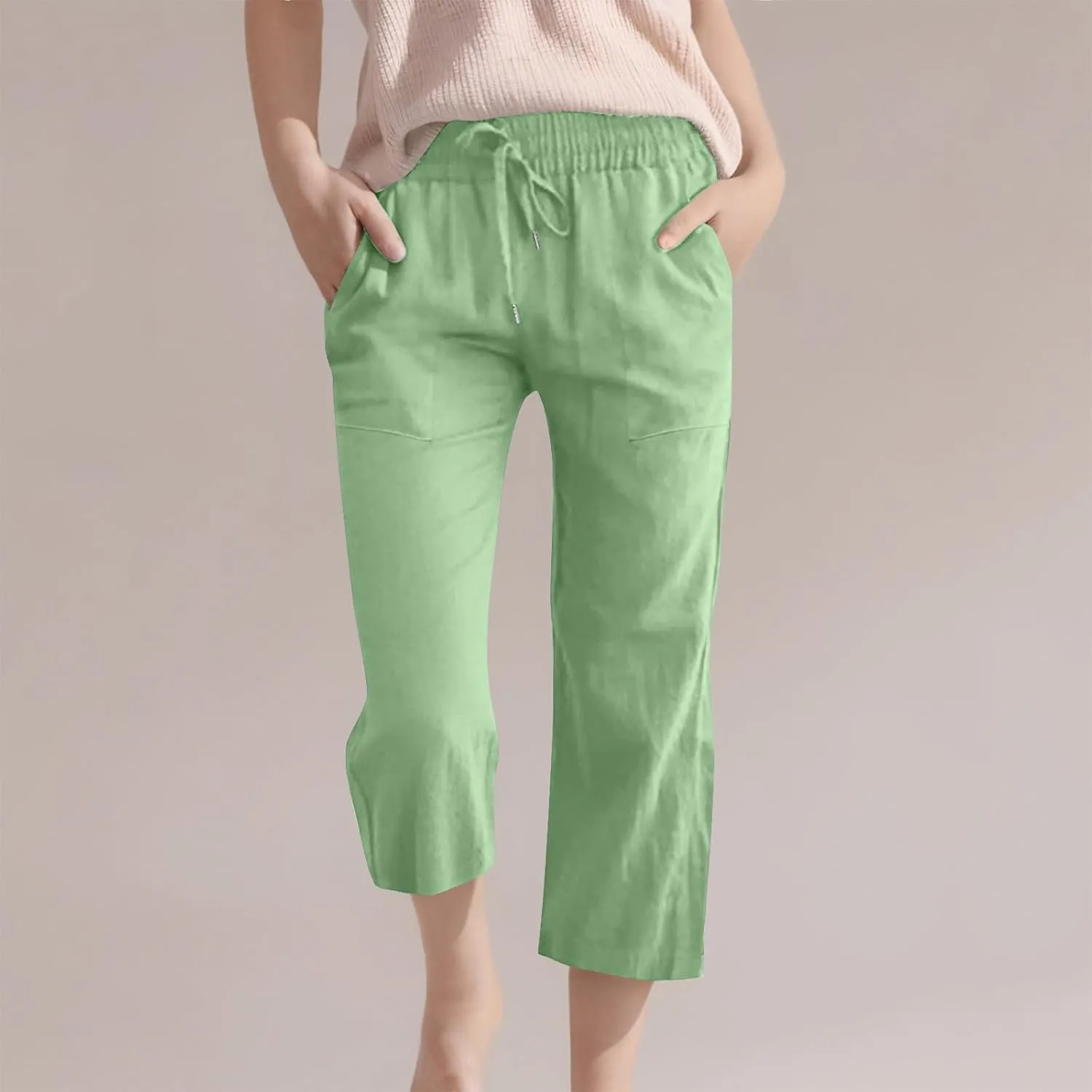 Teen Girls Cotton Linen Capri Pants Kids Summer Cropped Preppy Lounge Pant Cozy Lightweight Drawstring Baggy Trousers