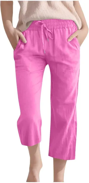 Teen Girls Cotton Linen Capri Pants Kids Summer Cropped Preppy Lounge Pant Cozy Lightweight Drawstring Baggy Trousers