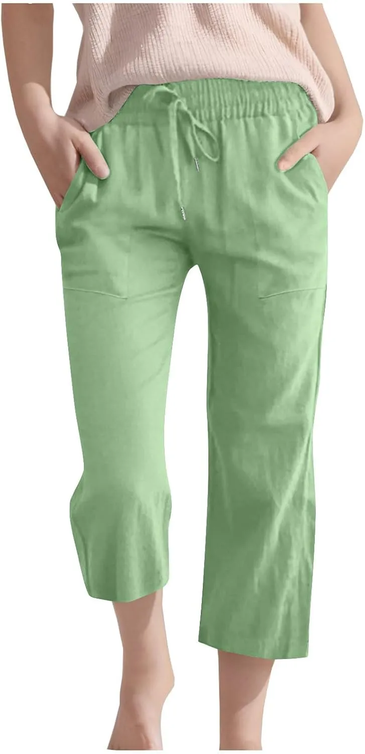 Teen Girls Cotton Linen Capri Pants Kids Summer Cropped Preppy Lounge Pant Cozy Lightweight Drawstring Baggy Trousers