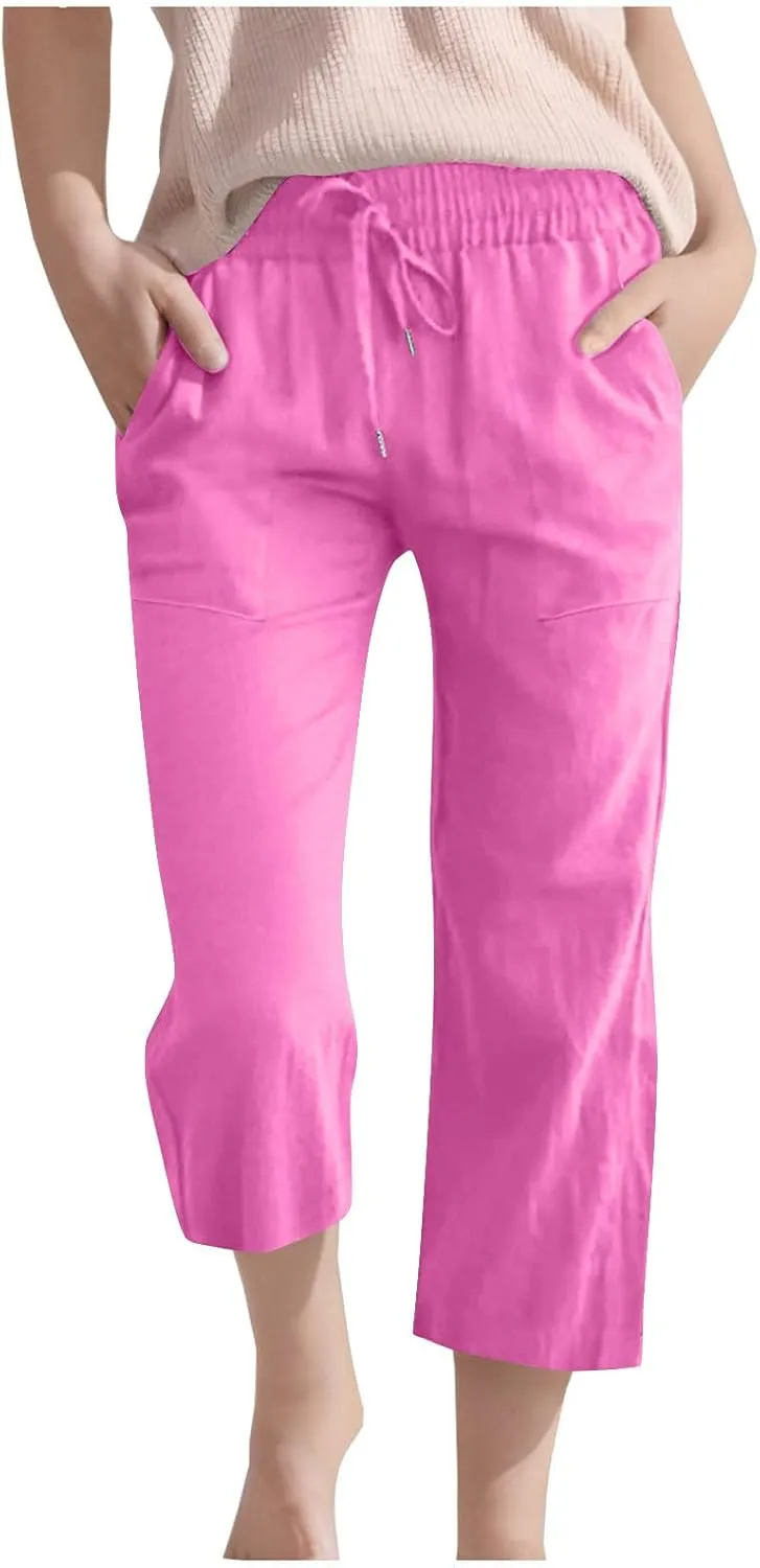 Teen Girls Cotton Linen Capri Pants Kids Summer Cropped Preppy Lounge Pant Cozy Lightweight Drawstring Baggy Trousers