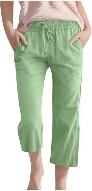 Teen Girls Cotton Linen Capri Pants Kids Summer Cropped Preppy Lounge Pant Cozy Lightweight Drawstring Baggy Trousers