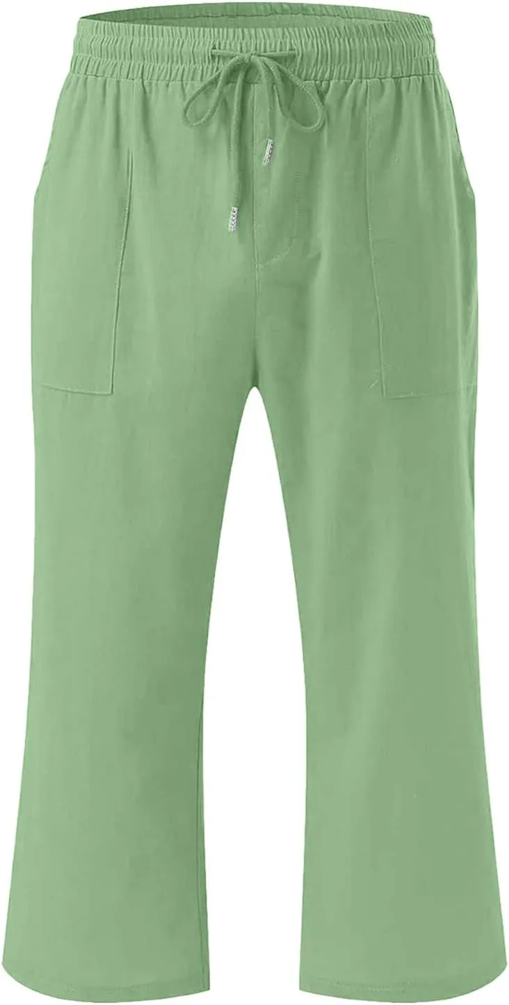Teen Girls Cotton Linen Capri Pants Kids Summer Cropped Preppy Lounge Pant Cozy Lightweight Drawstring Baggy Trousers